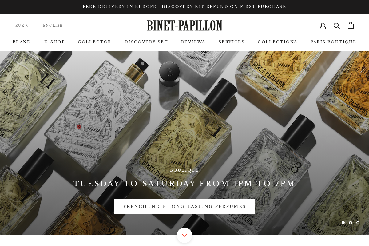 Binet-Papillon Parfums homepage screenshot