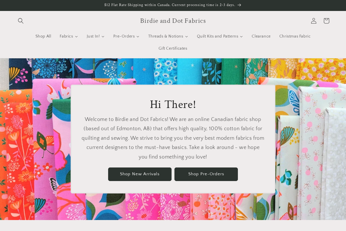 birdieanddotfabrics.ca homepage screenshot