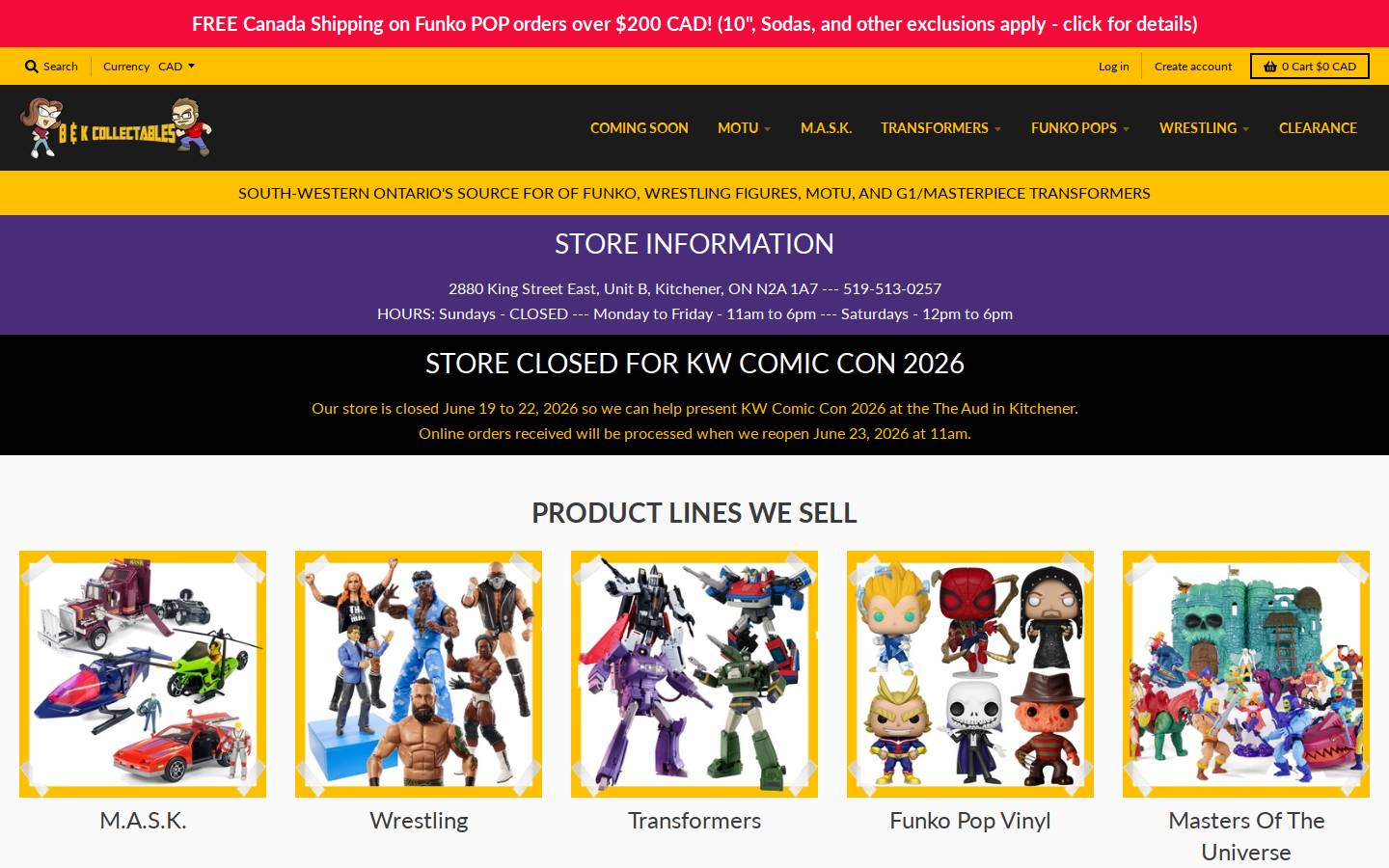 bkcollectables.ca homepage screenshot