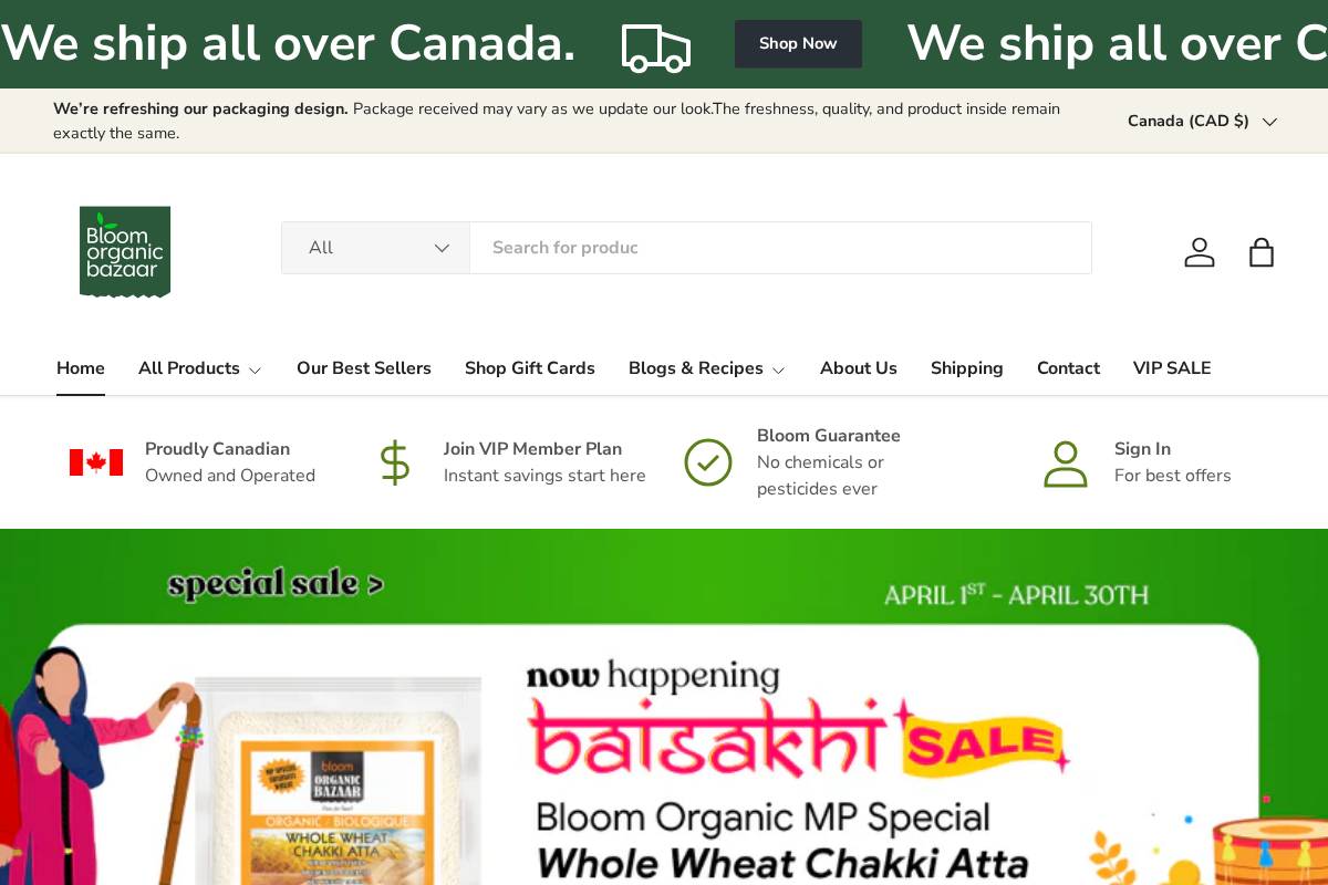 bloomorganicbazaar.com homepage screenshot