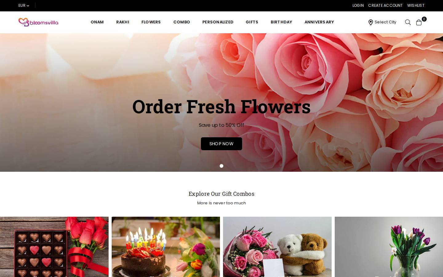 Bloomsvilla - India's Leading Online Gift Store homepage screenshot