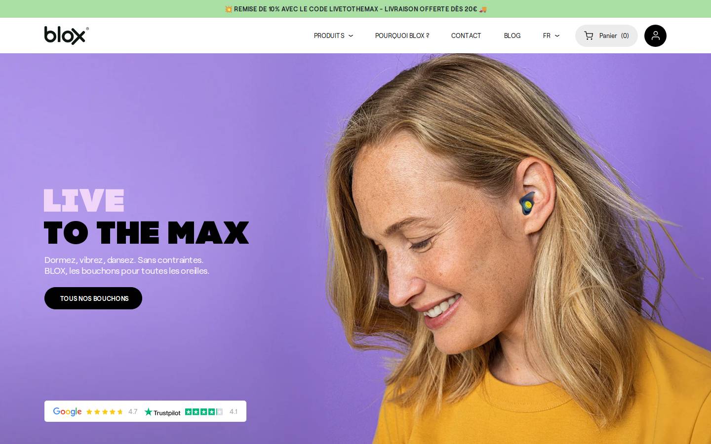 Blox Earplugs homepage screenshot