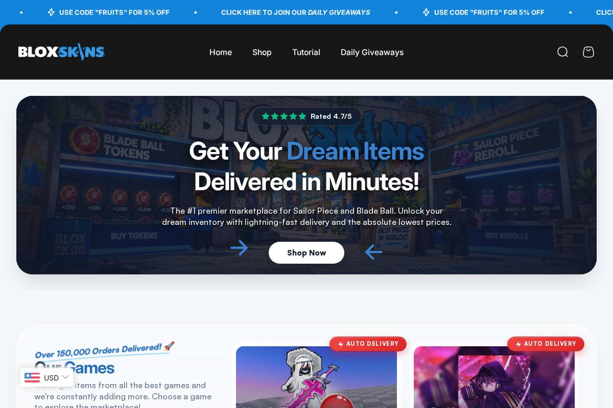 Bloxskins homepage screenshot