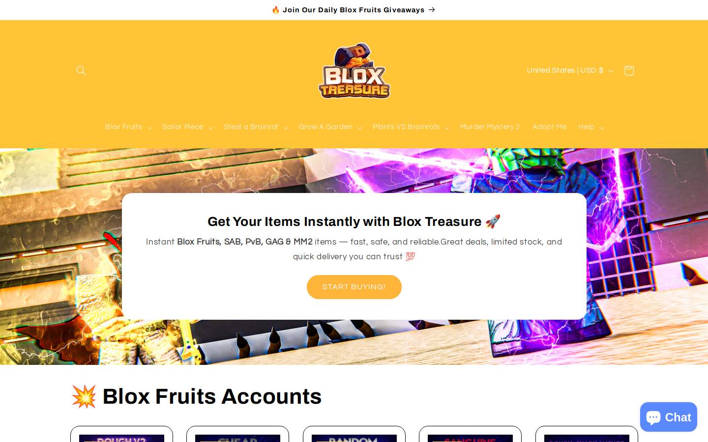 Blox Treasure homepage screenshot