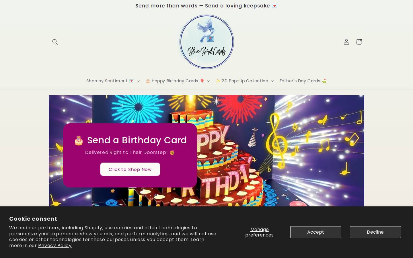bluebirdcards.com homepage screenshot
