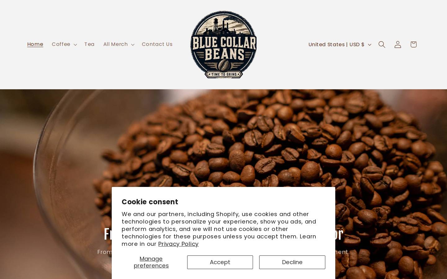 bluecollarcoffeebeans.com homepage screenshot