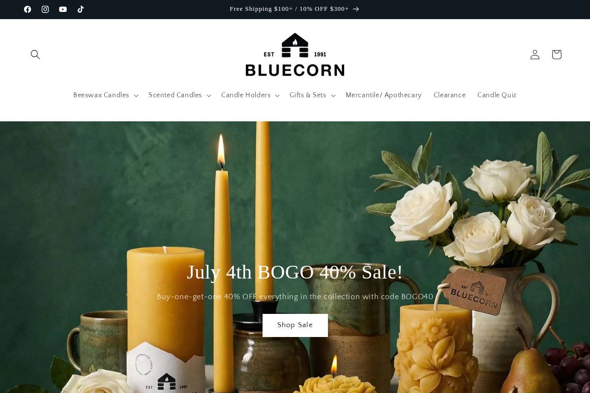 bluecorncandles.com homepage screenshot