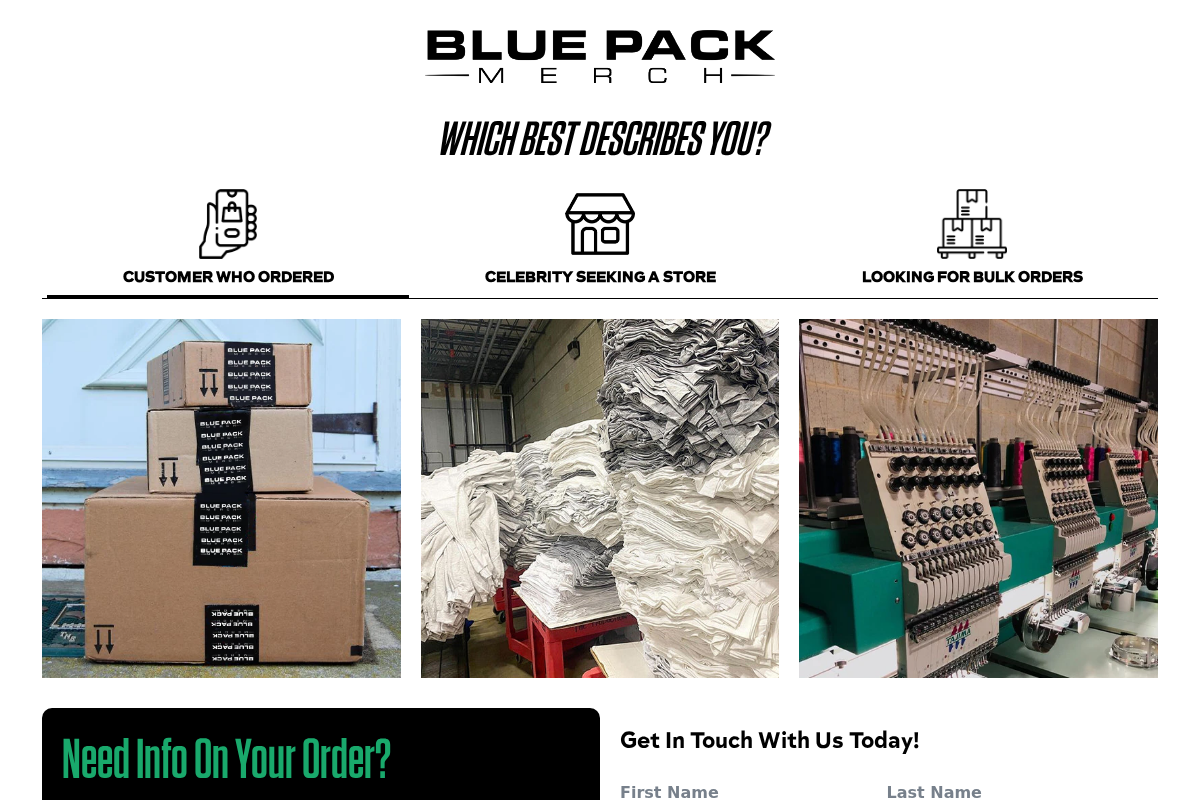 Blue Pack Merch homepage screenshot