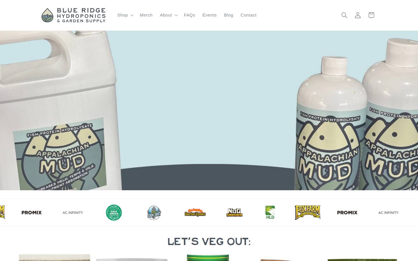blueridgehydroponics.com homepage screenshot