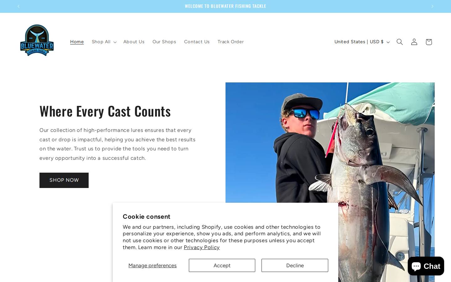bluewaterfishingtackle.com homepage screenshot