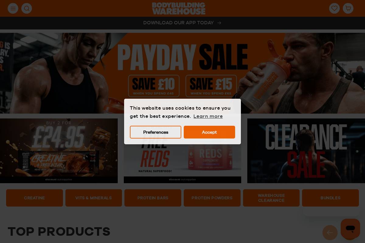 Bodybuilding Warehouse homepage screenshot