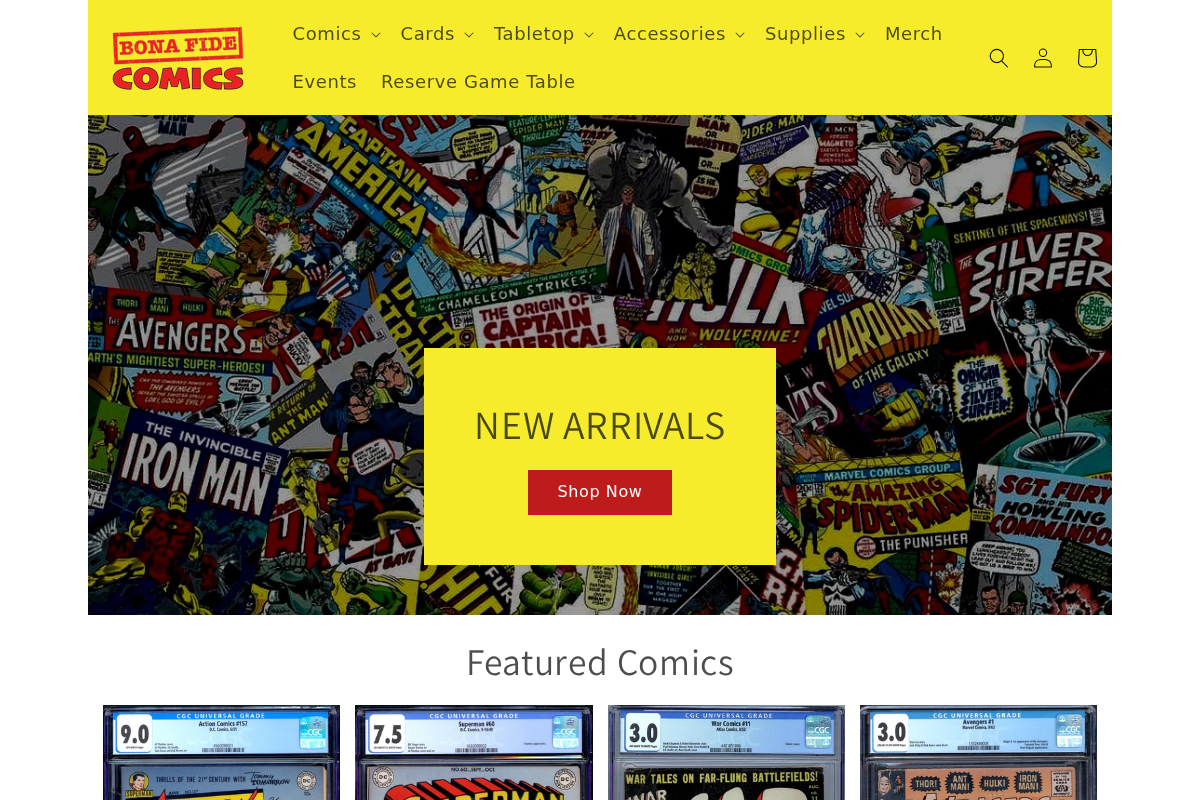 bonafidecomicstore.com homepage screenshot