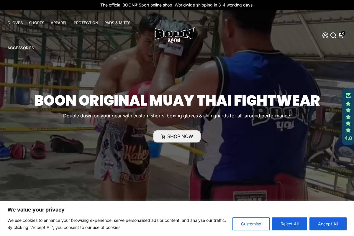 Boon Sport Muay Thai Fight Gear homepage screenshot