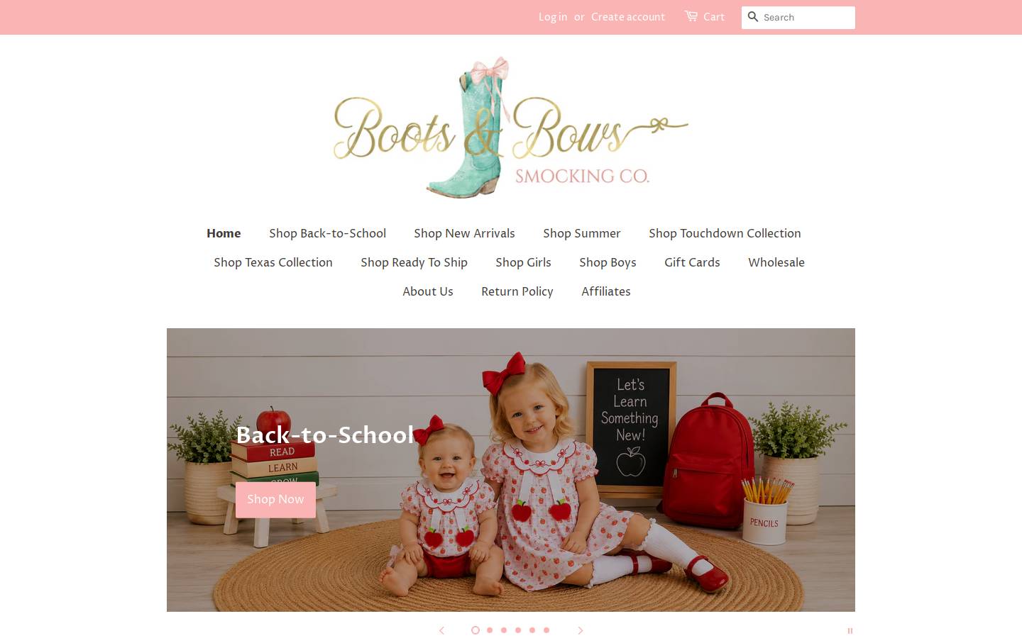 bootsandbowssmockingco.com homepage screenshot