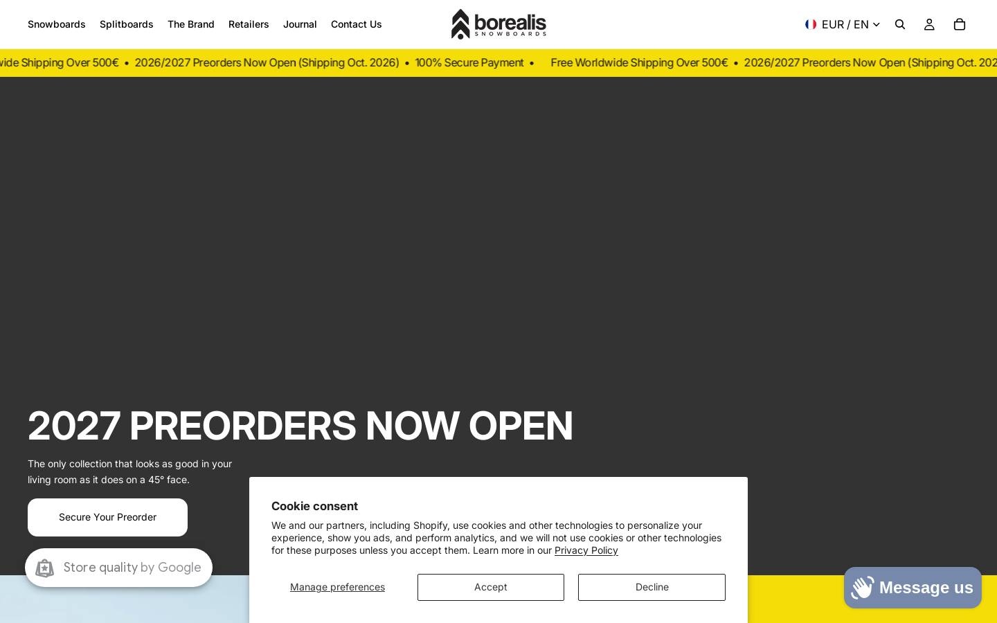 Borealis Snowboards homepage screenshot