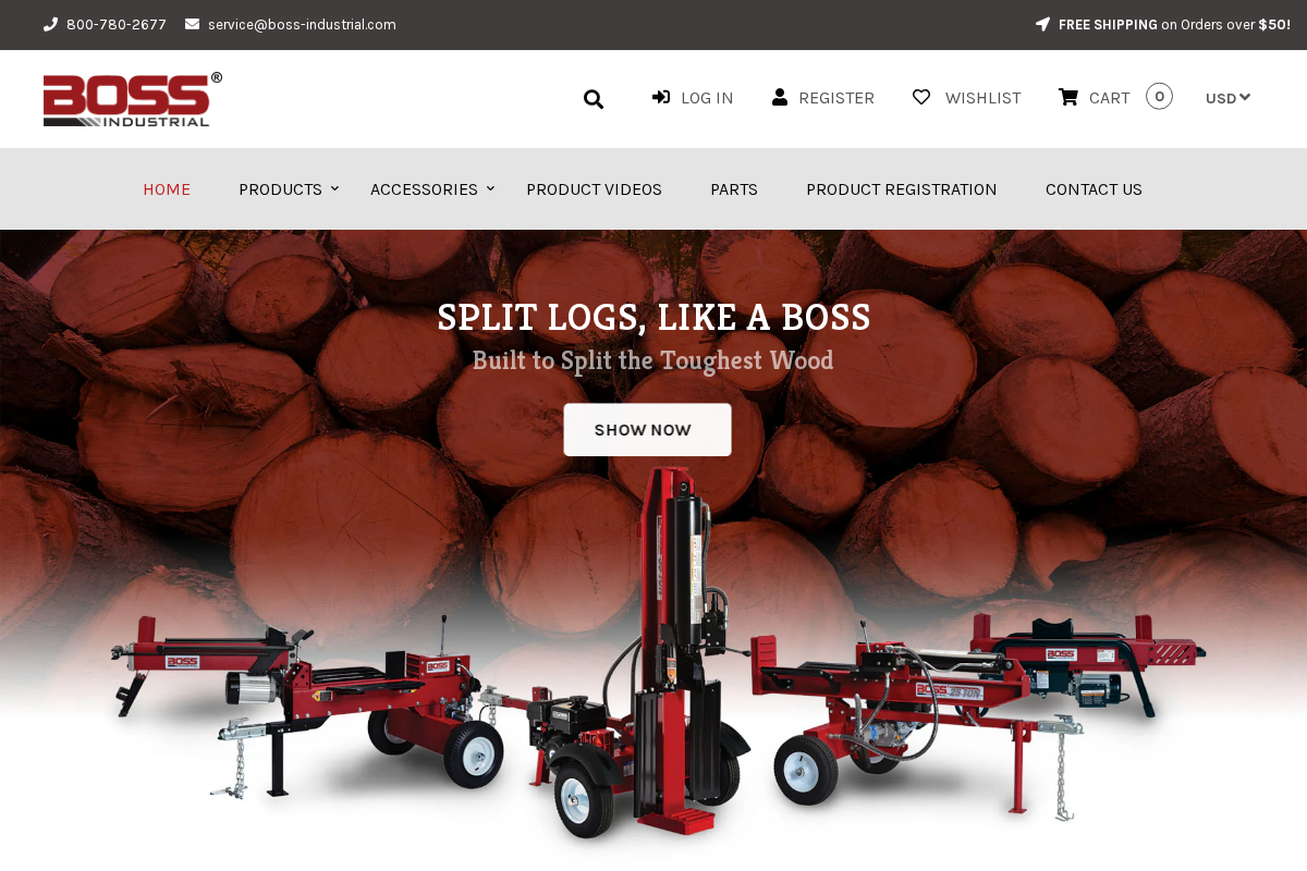 Boss Log Splitters homepage screenshot