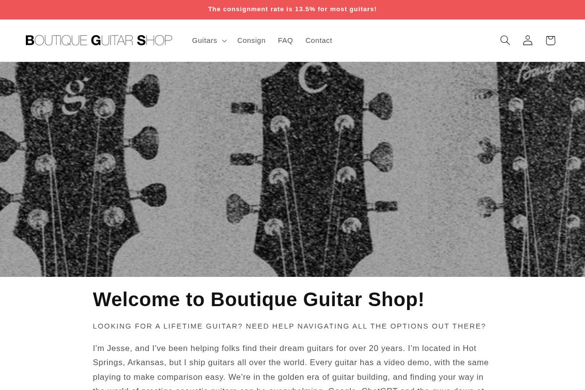 boutiqueguitarshop.com homepage screenshot
