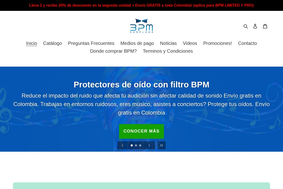 BPM Earplugs Colombia homepage screenshot