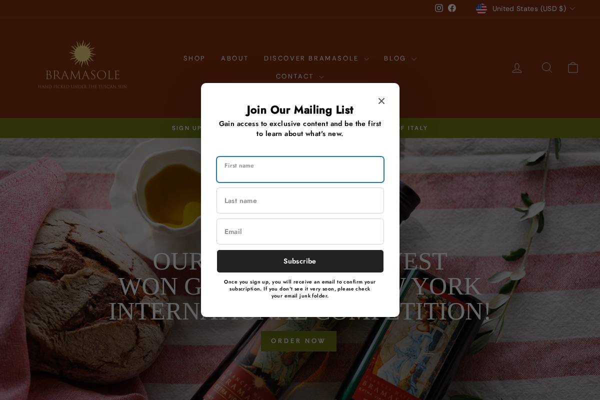 bramasoleoliveoil.com homepage screenshot