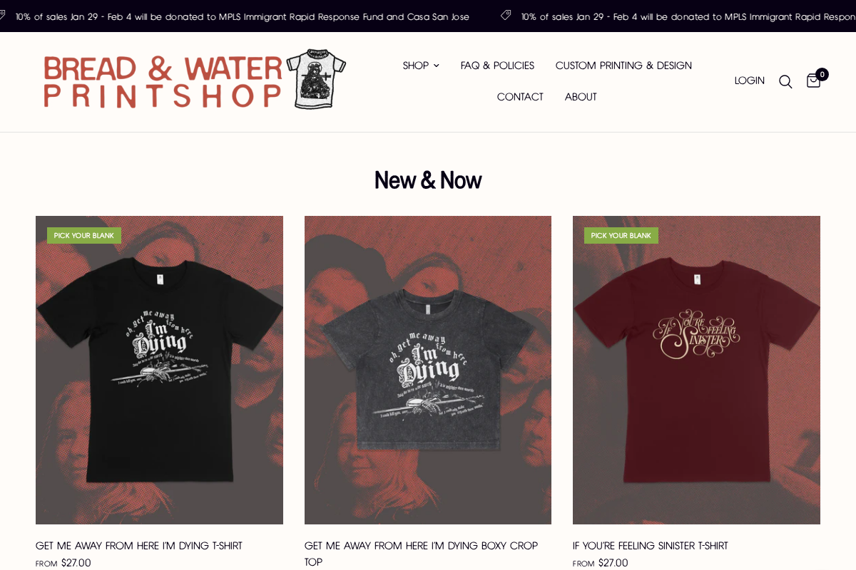 Bread & Water Printshop homepage screenshot