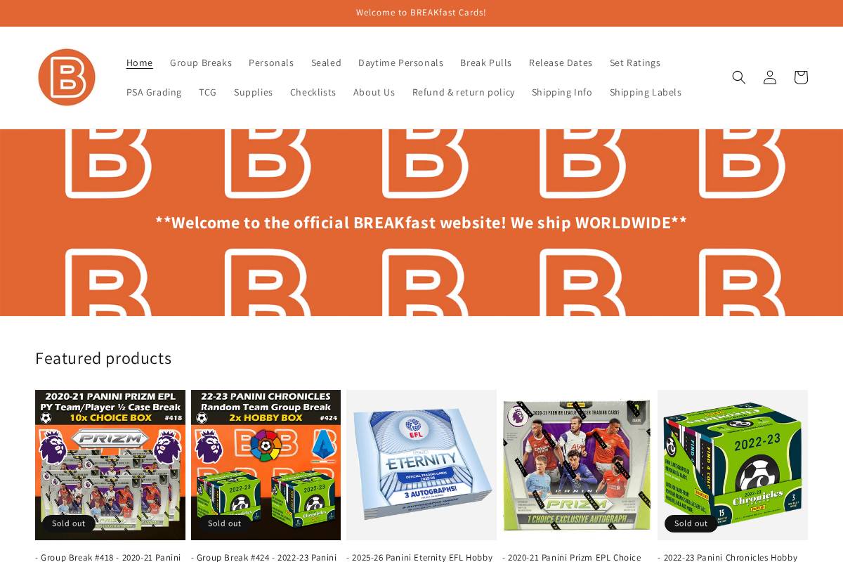breakfastcards.com homepage screenshot