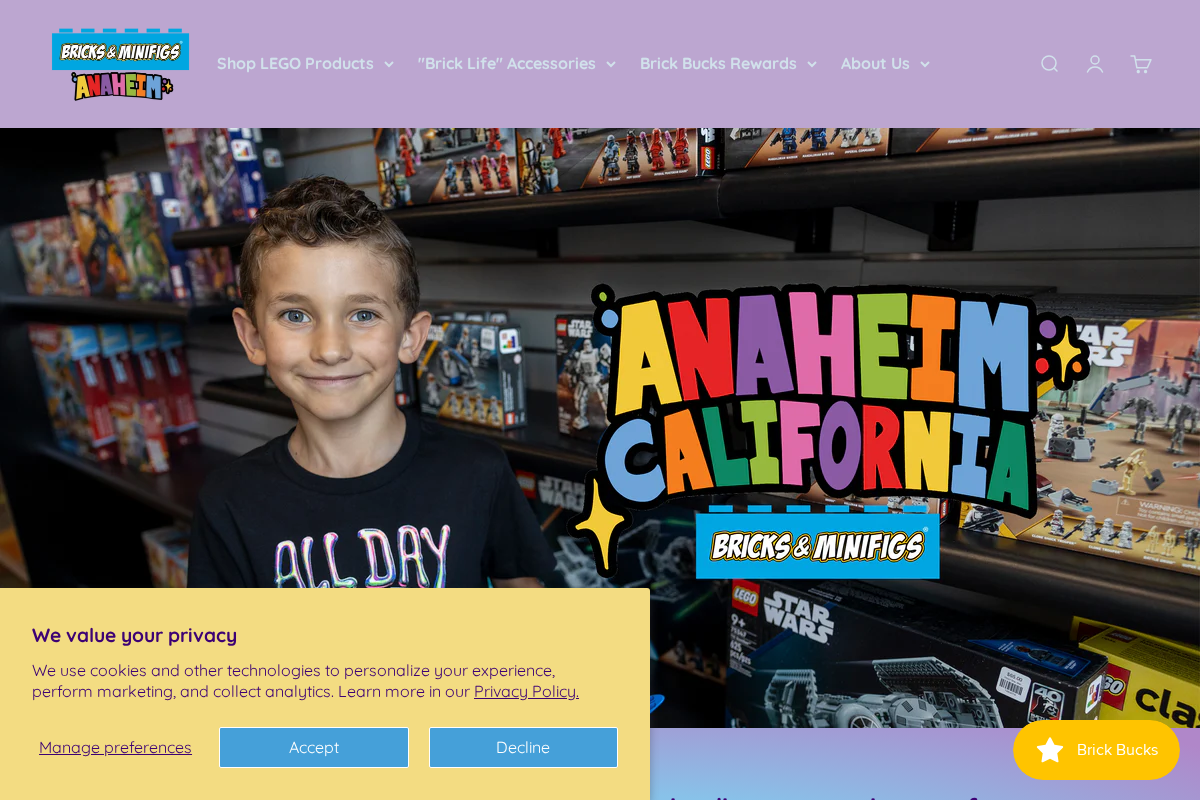 Bricks & Minifigs Anaheim homepage screenshot