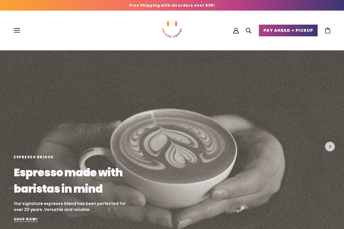 Brioso Coffee homepage screenshot