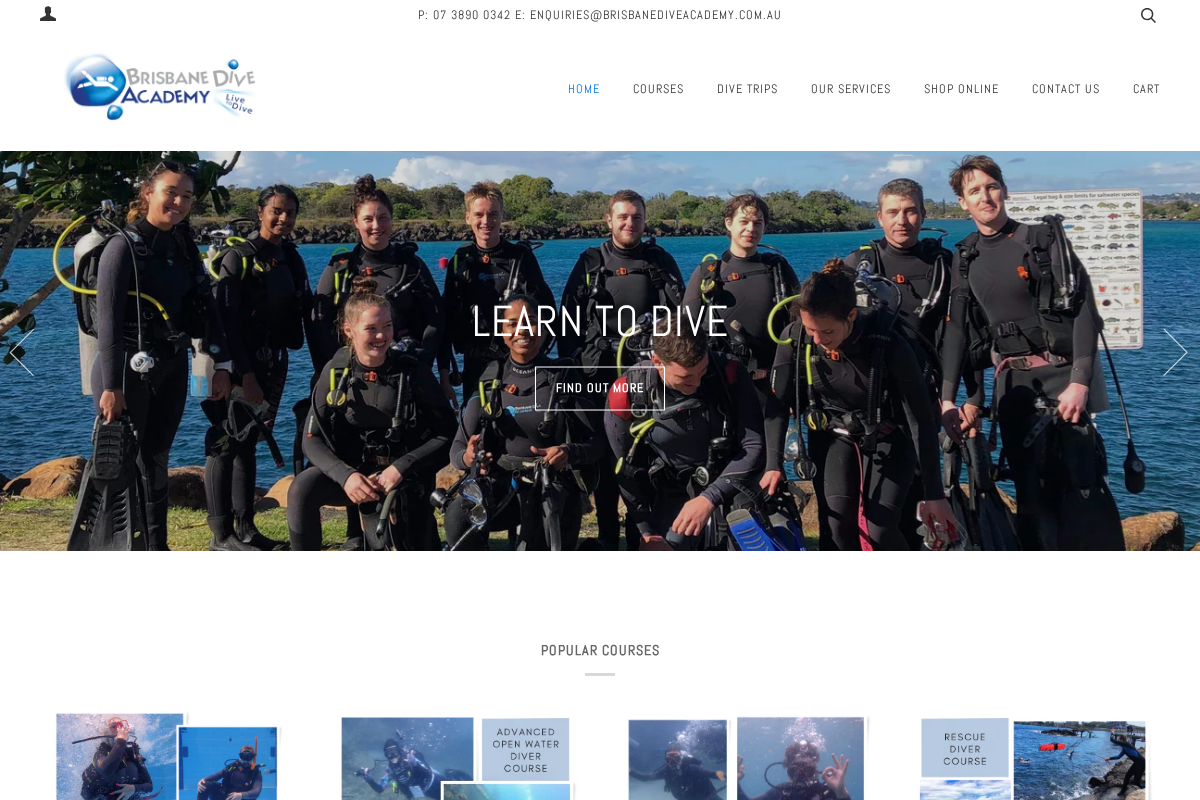 brisbanediveacademy.com.au homepage screenshot