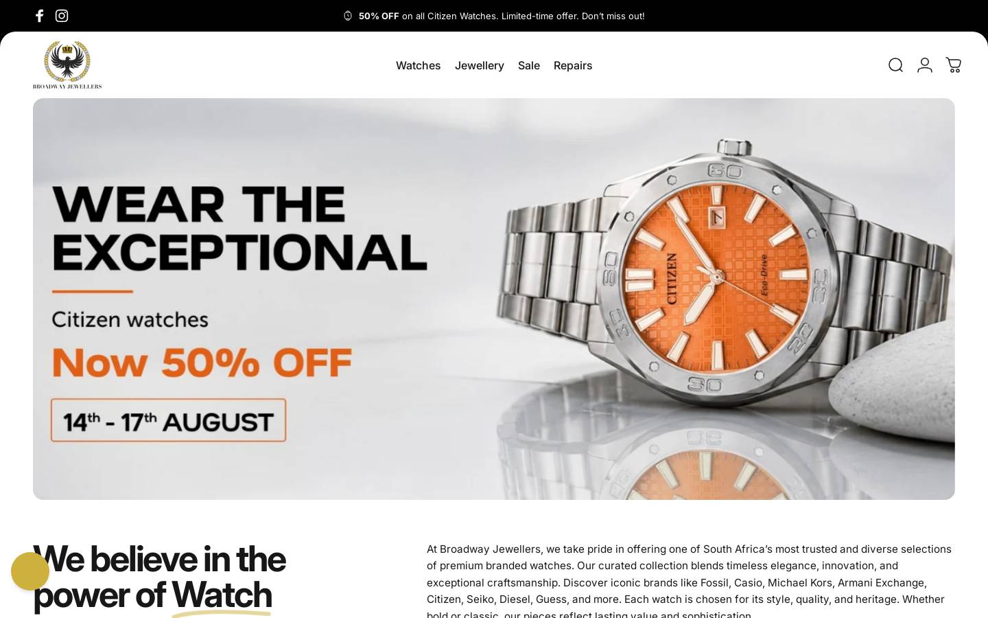 broadwayjewellers.co.za homepage screenshot