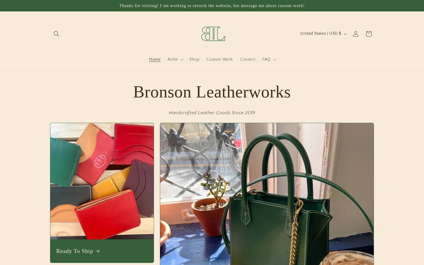 bronsonleatherworks.com homepage screenshot