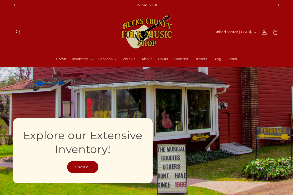 Bucks County Folk Music Shop homepage screenshot