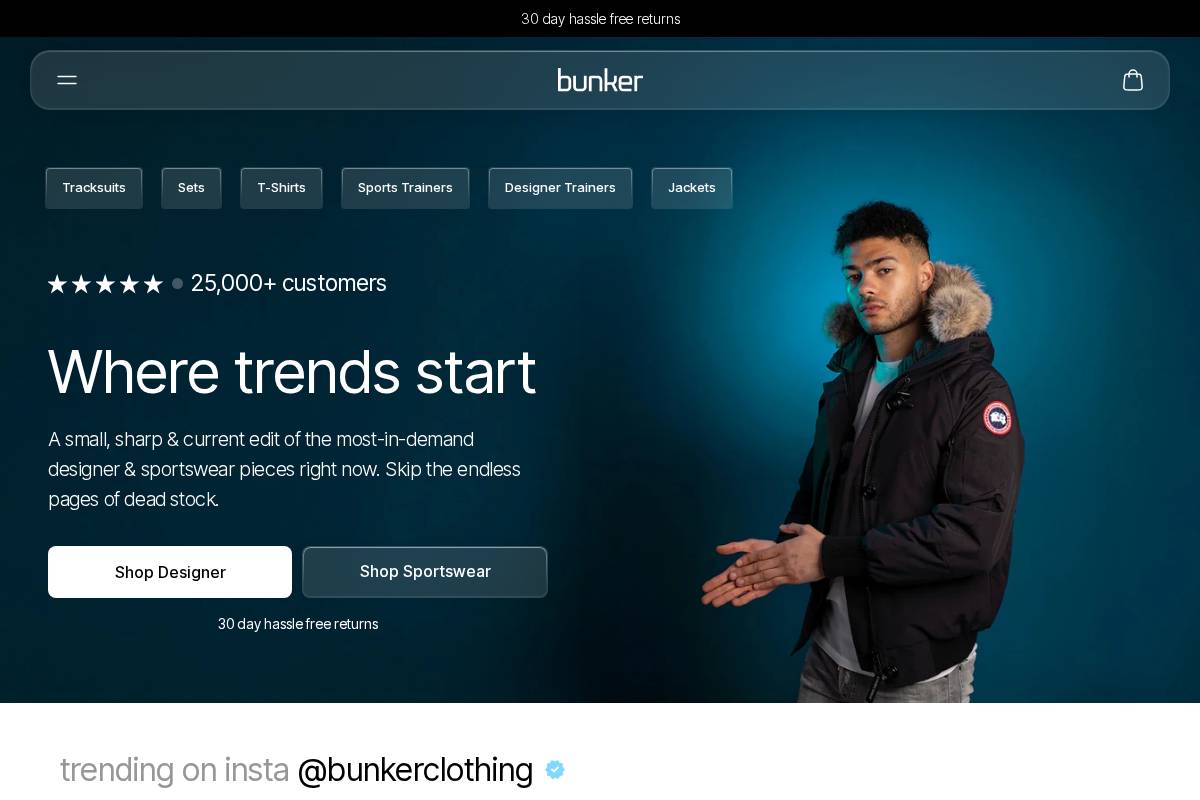 bunkerclothing.com homepage screenshot