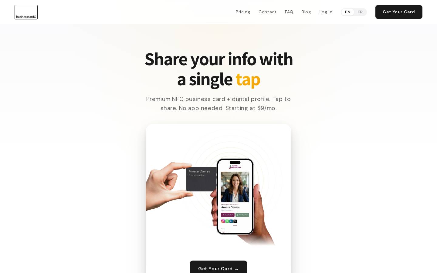businesscardx.com homepage screenshot