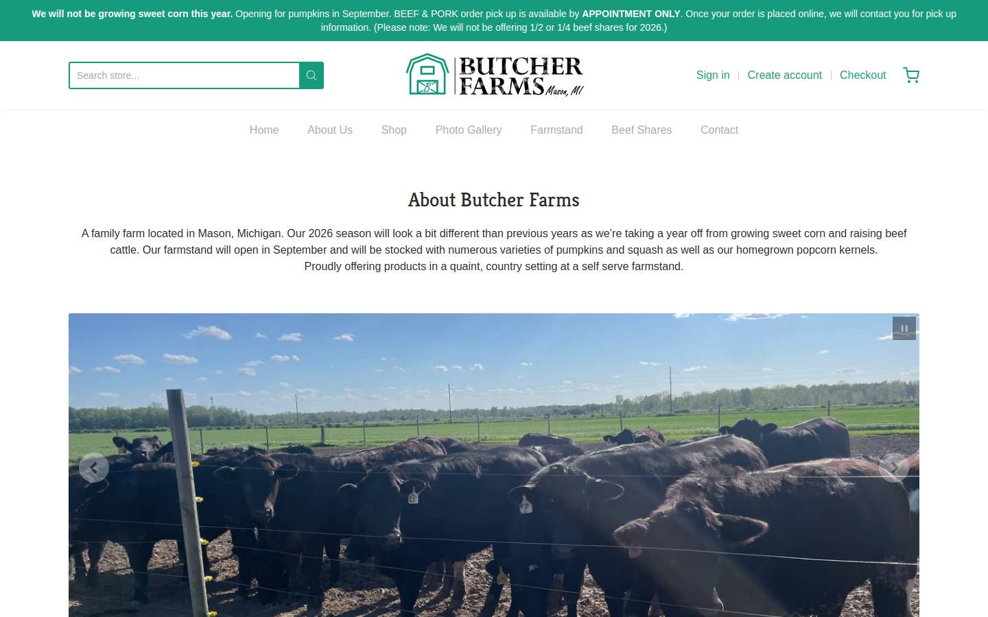 butcherfarmsmason.com homepage screenshot