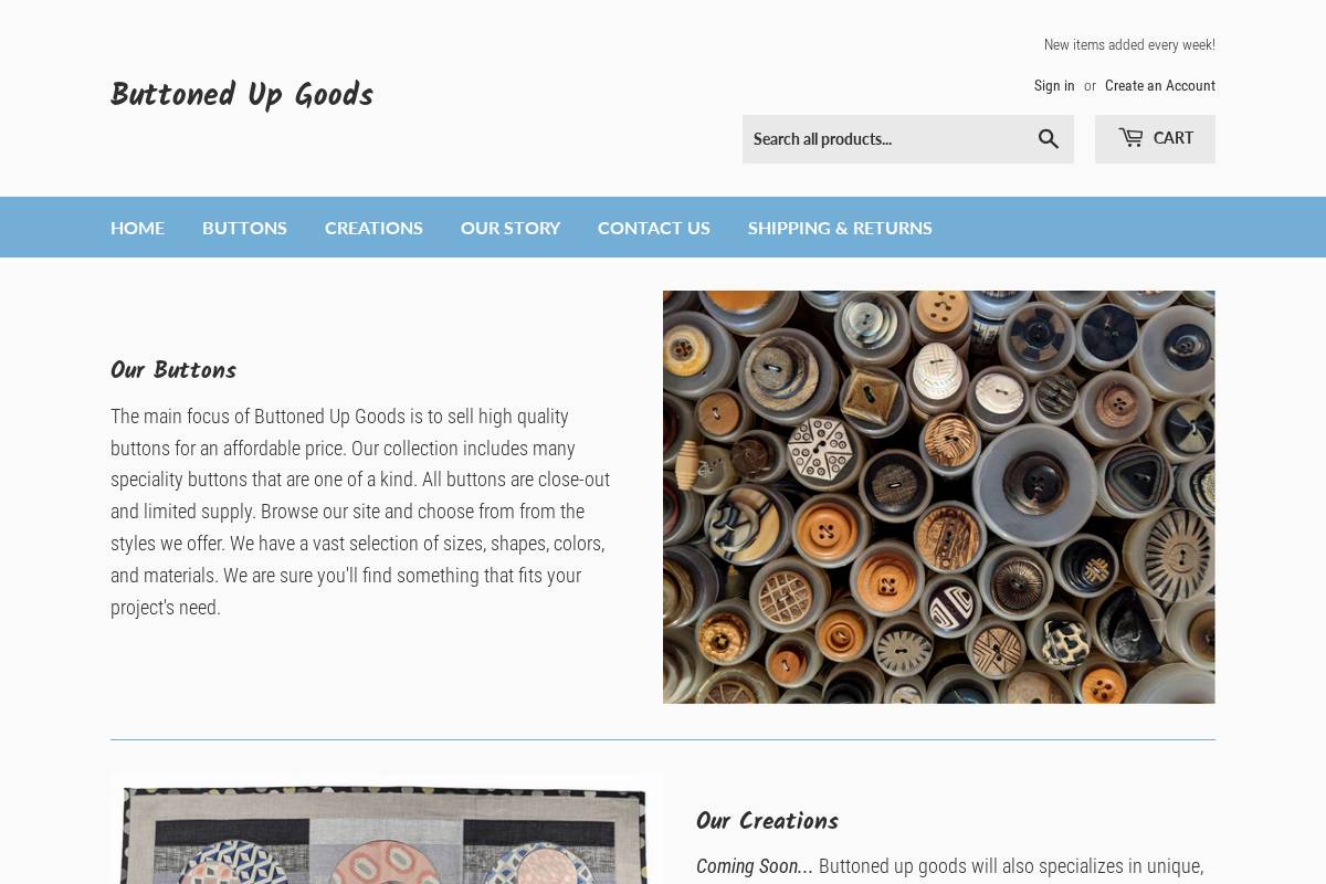 buttonedupgoods.com homepage screenshot