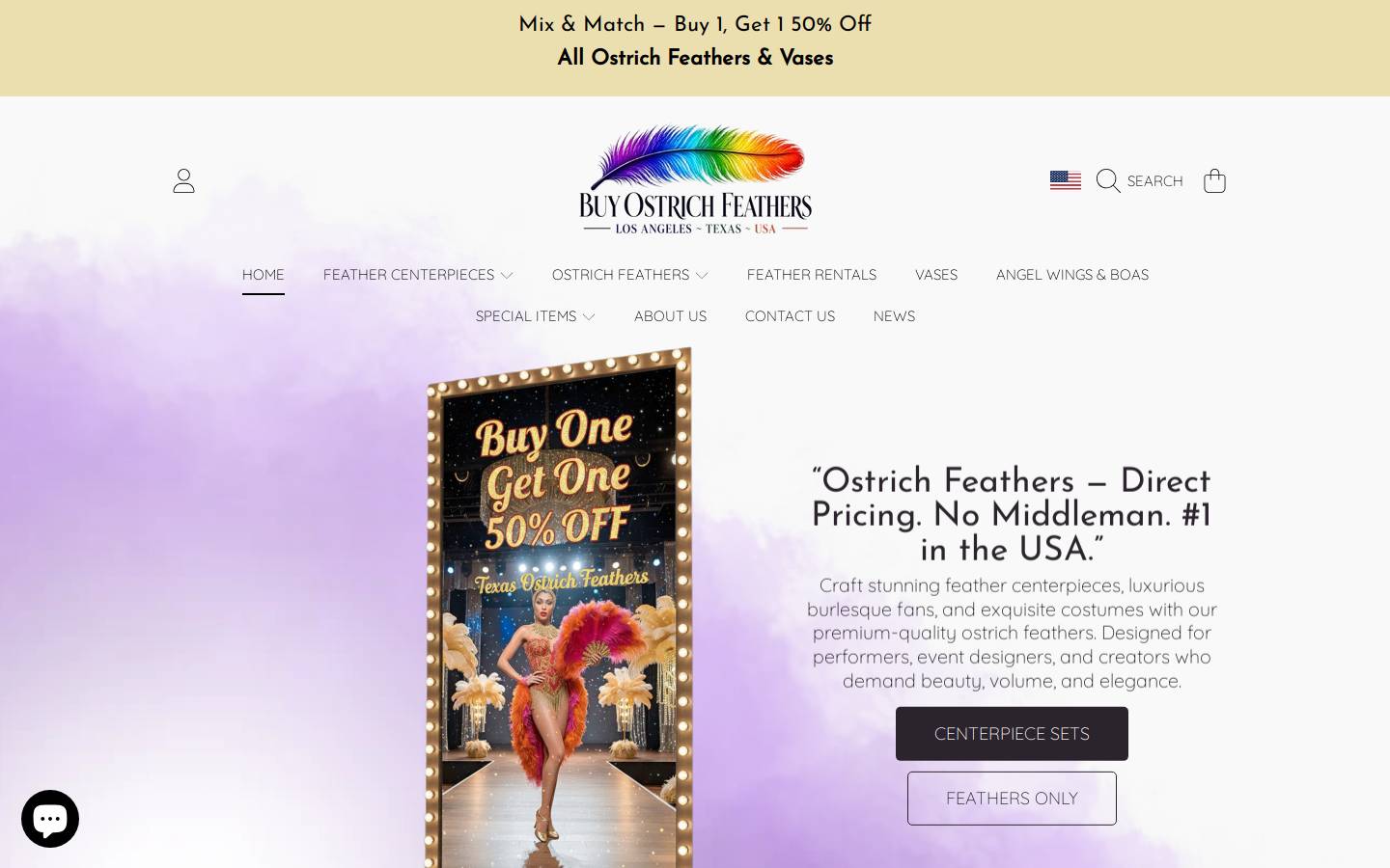 buyostrichfeathers.com homepage screenshot
