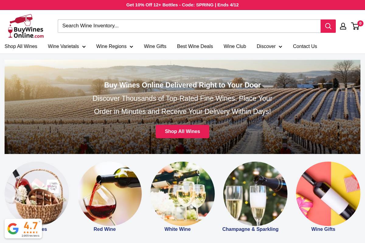 BuyWinesOnline.com homepage screenshot