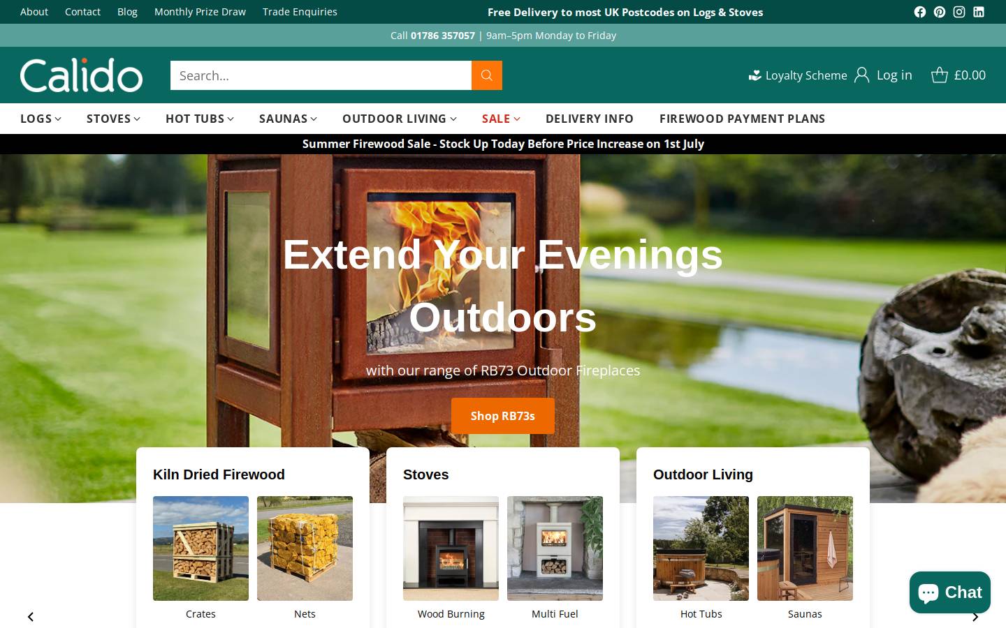 Calido | Logs, Stoves & Outdoors homepage screenshot