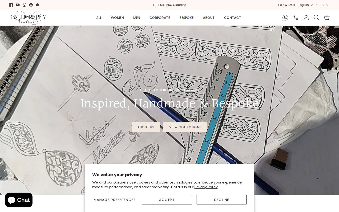 calligraphyjewellery.com homepage screenshot