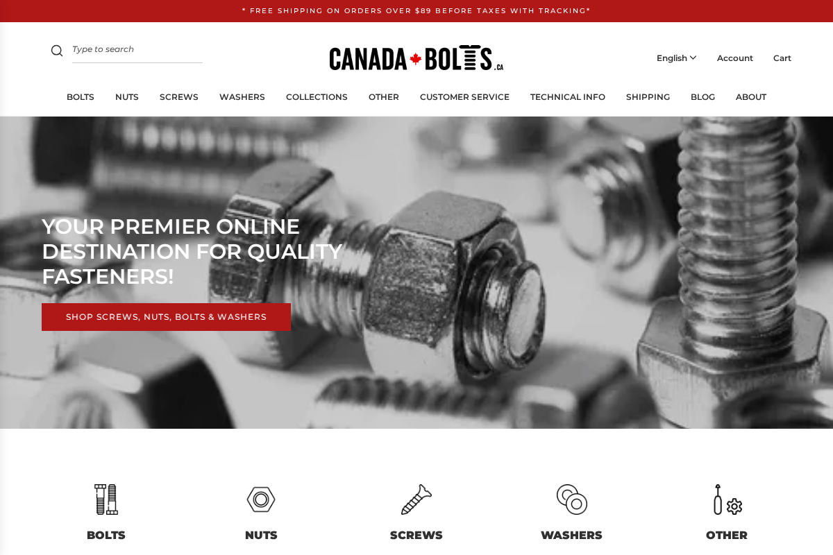 Canada Bolts homepage screenshot
