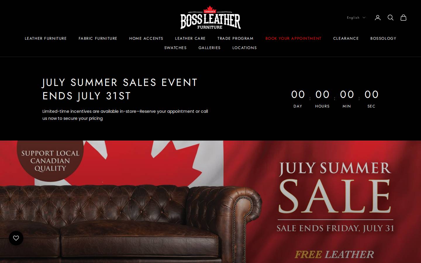canadasbossleatherfurniture.com homepage screenshot