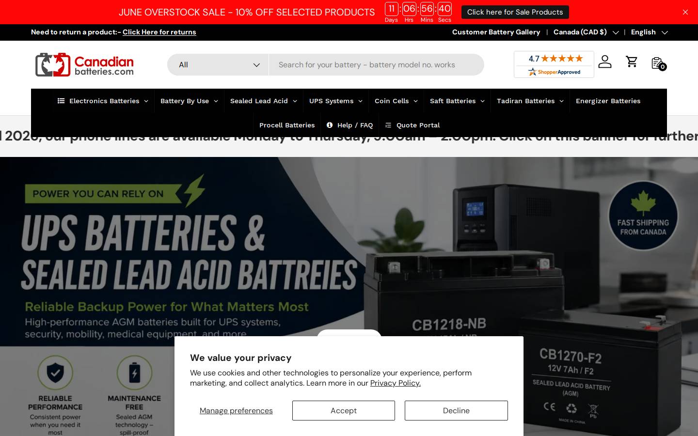 canadianbatteries.com homepage screenshot