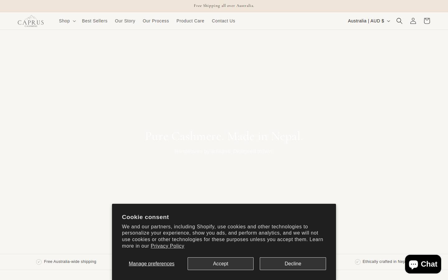 capruscashmere.com.au homepage screenshot