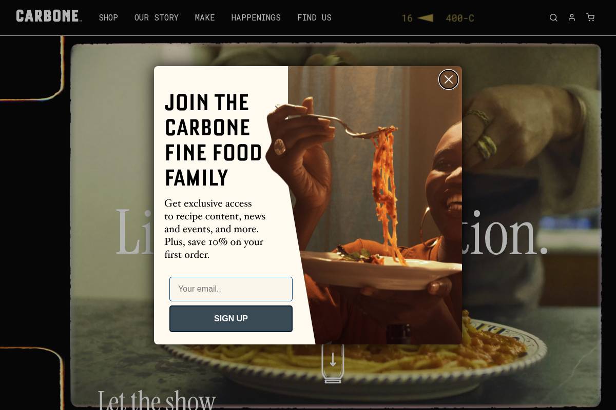 carbonefinefood.com homepage screenshot
