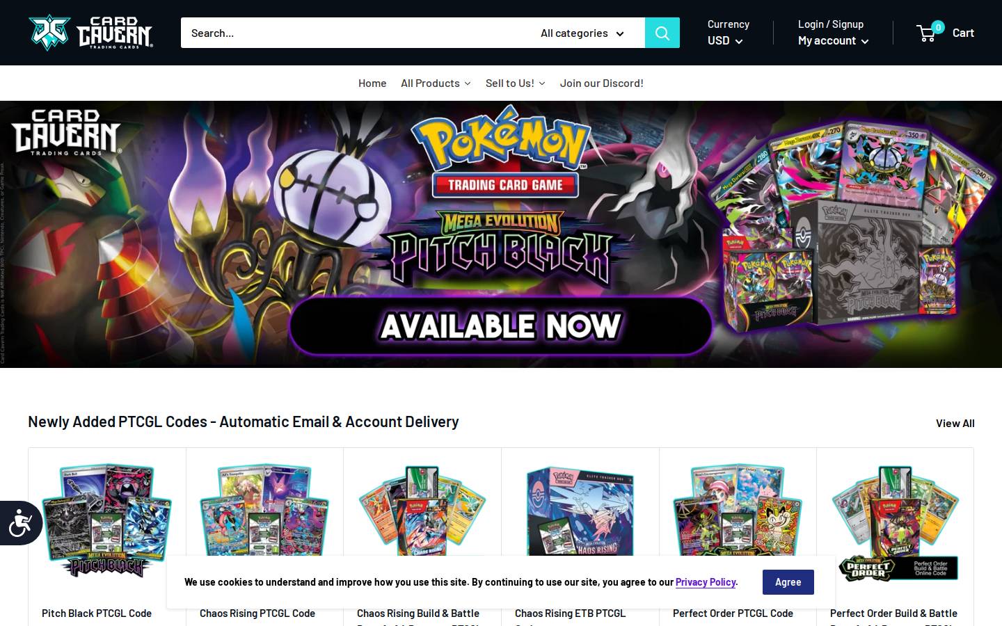 cardcaverntradingcards.com homepage screenshot