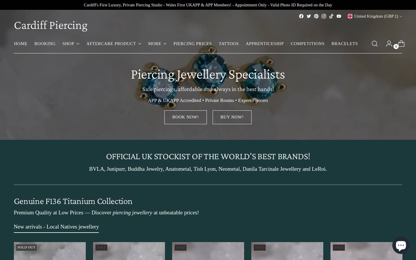 Cardiff piercing homepage screenshot