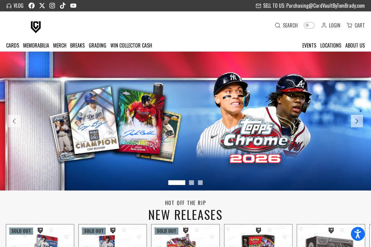 cardvaultbytombrady.com homepage screenshot