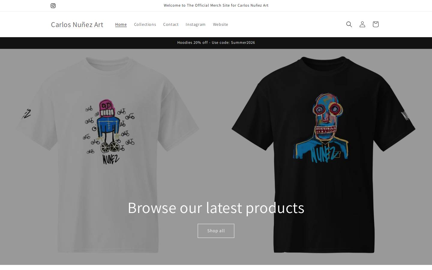 carlosnunezartmerch.com homepage screenshot