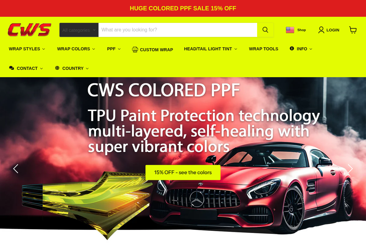 CWS vinyl wrap film supplier homepage screenshot