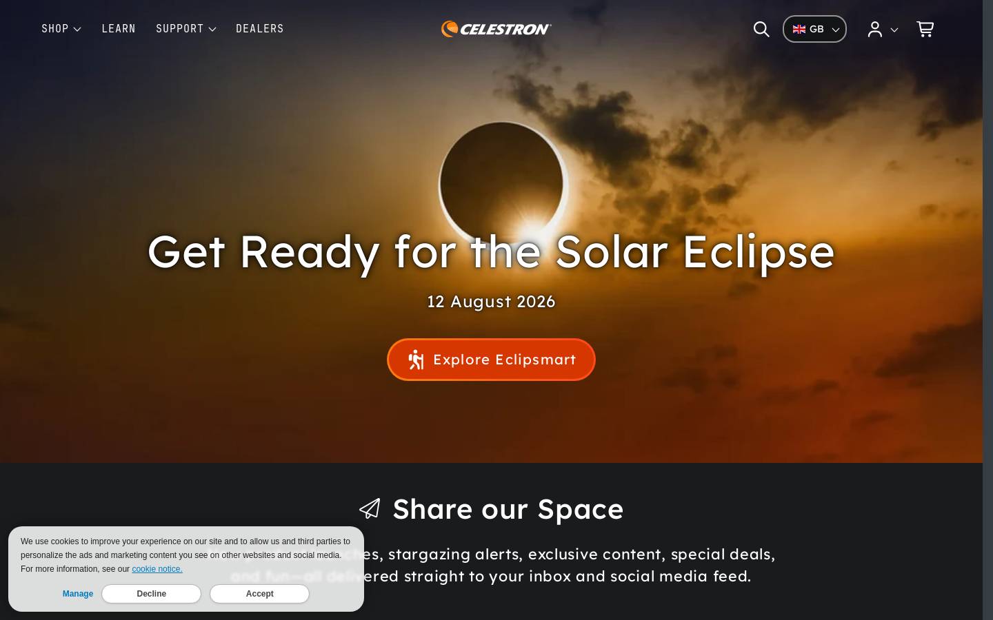 Celestron homepage screenshot